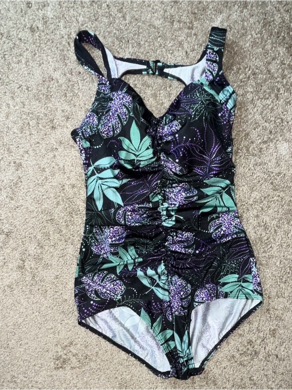 Black One-Piece Swimsuit with Mint & Purple Floral Print